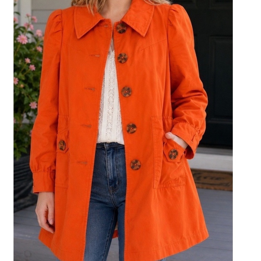 Elevenses Anthropologie Orange Cotton Trench Coat Jacket Size 6 with FLAWS